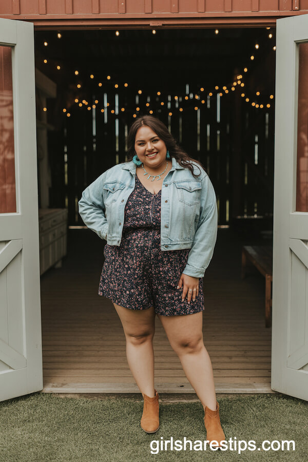 Floral Romper with Cropped Denim Jacket and Turquoise Jewelry