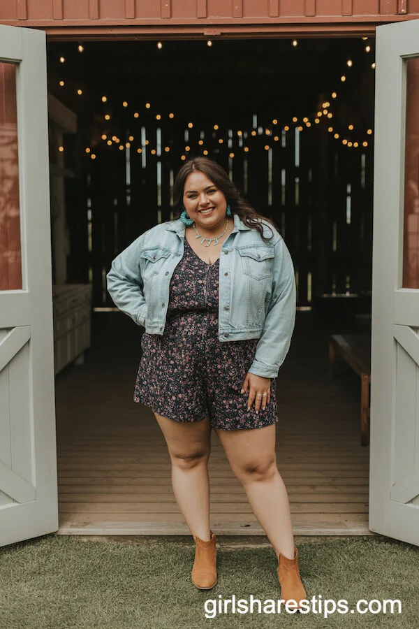 Floral Romper with Cropped Denim Jacket and Turquoise Jewelry