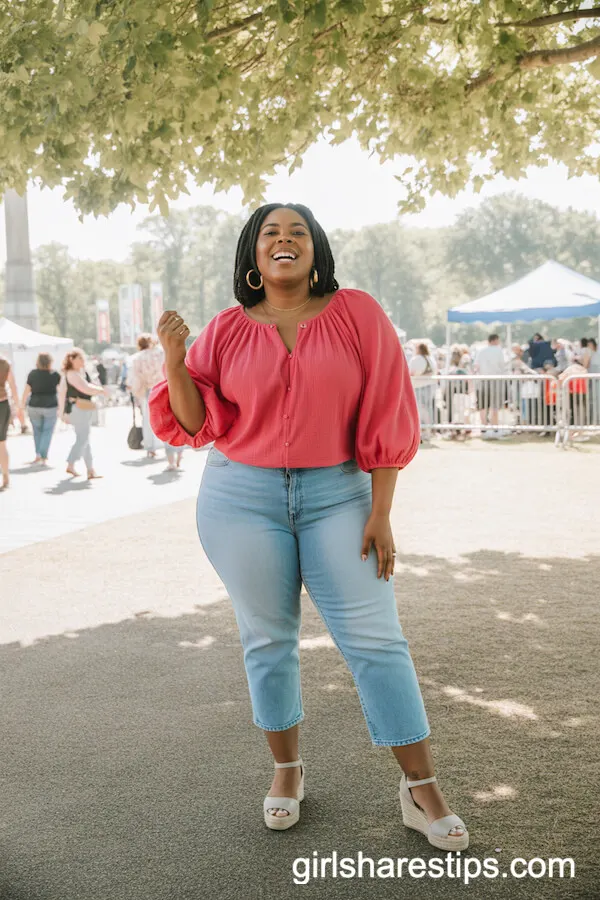 Bright Peasant Blouse with Cropped Jeans and Espadrille Wedges