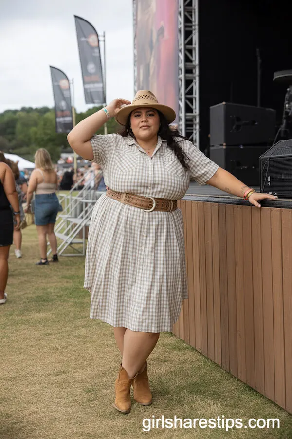 Checked Shirt Dress with Wide Western Belt and Suede Boots