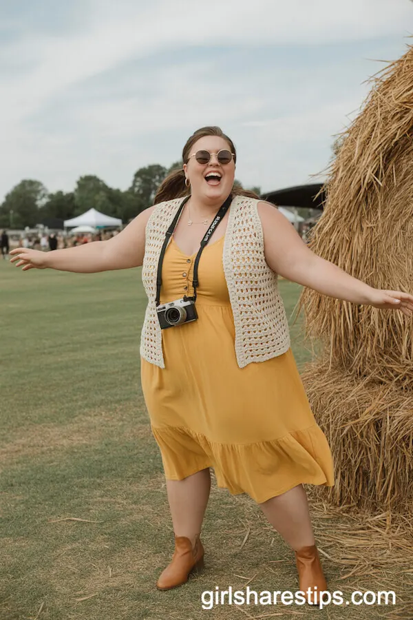 Yellow Sundress with Crochet Vest and Brown Ankle Booties