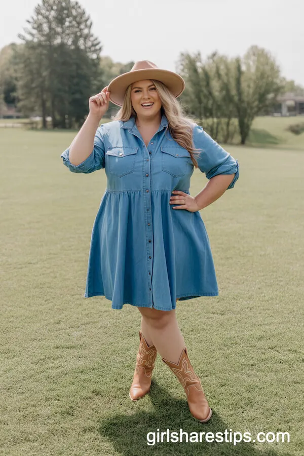 Light Blue Denim Dress with Tan Cowboy Boots
