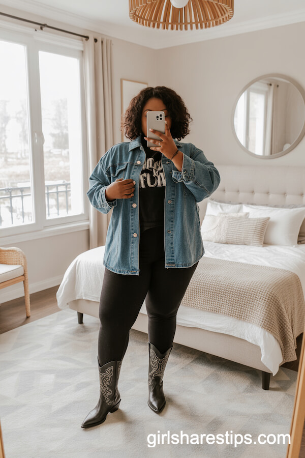 Denim Jacket, Graphic Tee, Black Leggings, Cowboy Boots