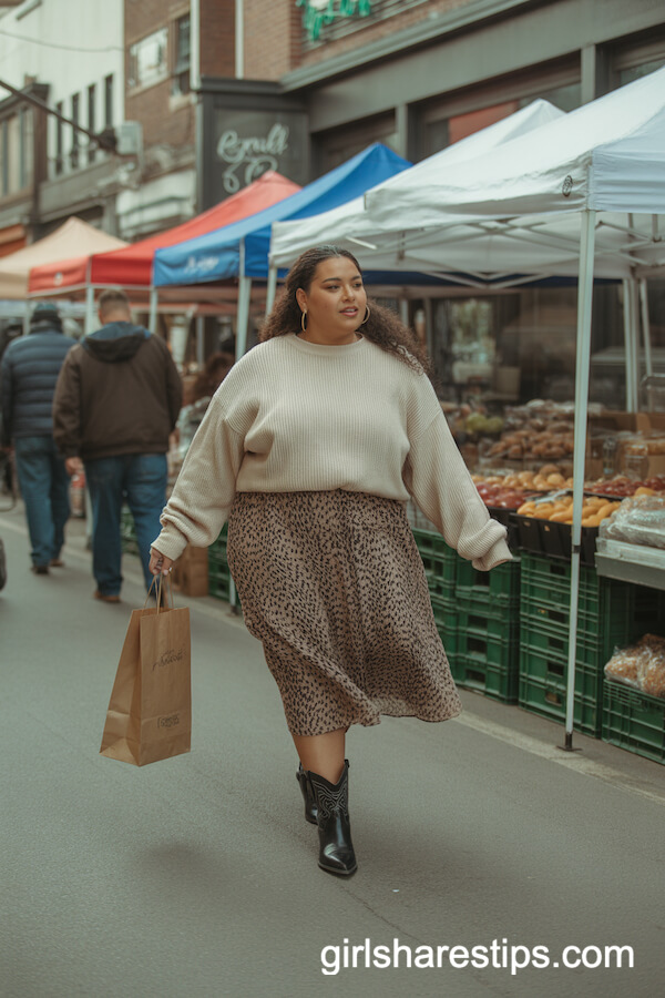 Chunky Oversized Sweater, Animal Print Midi Skirt, Black Cowboy Boots