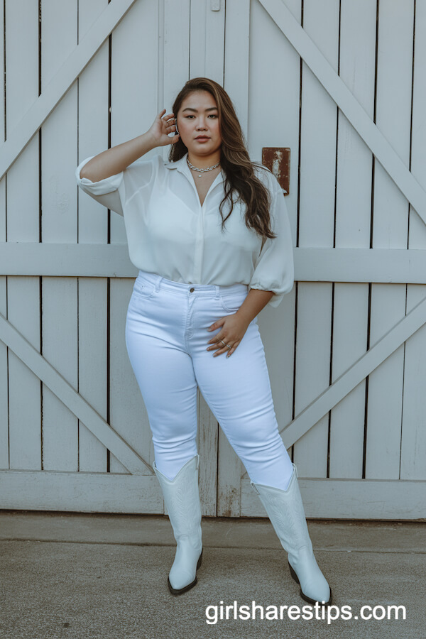 All-White Outfit: White Jeans, Blouse, and Tall White Cowboy Boots