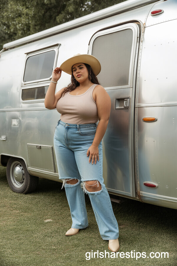 Ripped Boyfriend Jeans, Fitted Tank Top, Pale Blue Cowboy Boots