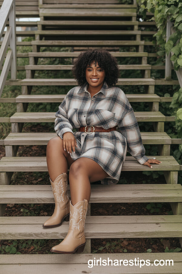 Oversized Plaid Flannel Shirt Dress, Brown Belt, Tan Cowboy Boots
