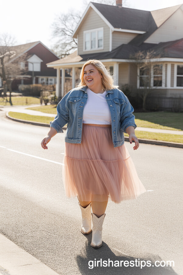 Blush Pink Tulle Skirt, Denim Jacket, White Tee, Cream Cowboy Boots