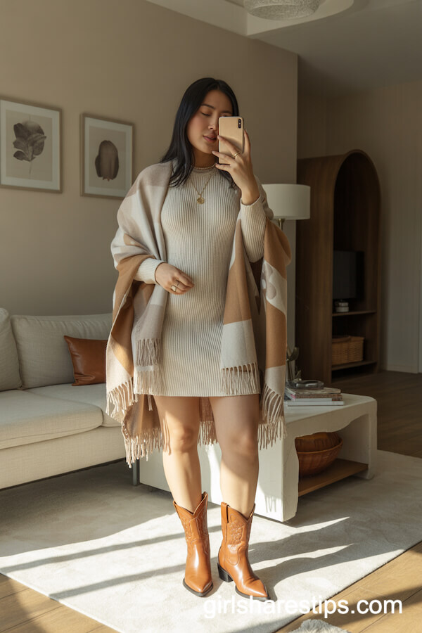 Neutral Sweater Dress, Poncho, Tan Leather Cowboy Boots