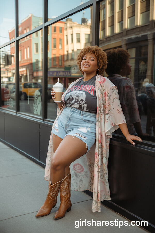 Ripped Denim Shorts, Graphic Tee, Long Floral Kimono, Brown Cowboy Boots