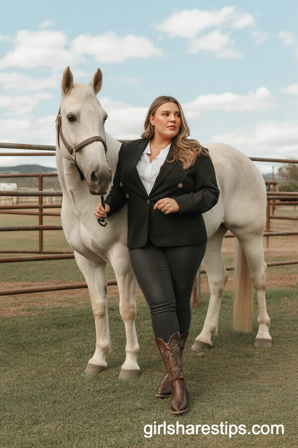 Fitted Black Blazer, Skinny Dark Jeans, Tall Brown Cowboy Boots