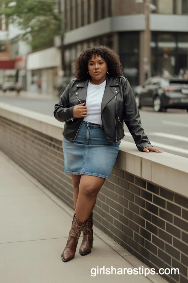 Leather Jacket, White Tee, Denim Skirt, Brown Cowboy Boots