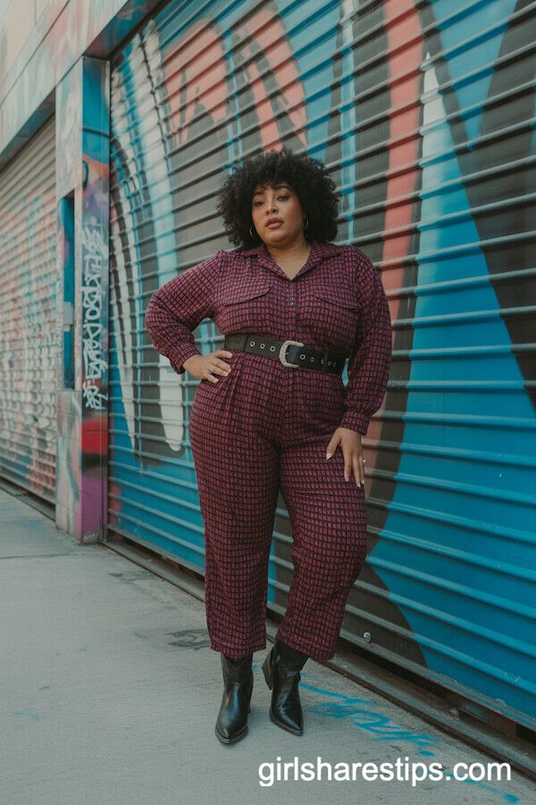 Bold Patterned Jumpsuit Wide Belt Black Cowboy Boots