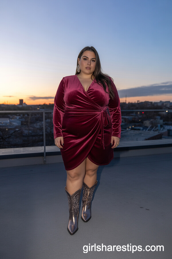 Velvet Wrap Dress Sparkly Earrings Metallic Cowboy Boots