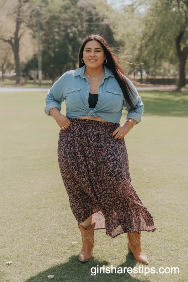 Floral Maxi Skirt, Knotted Chambray Shirt, Tan Cowboy Boots