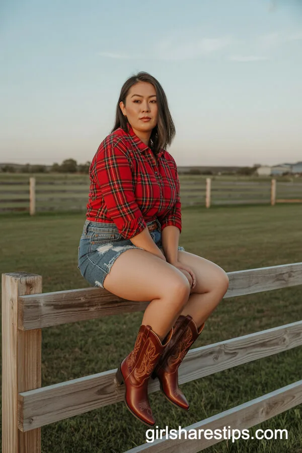 Red Plaid Shirt, Distressed Denim Shorts, Brown Cowboy Boots