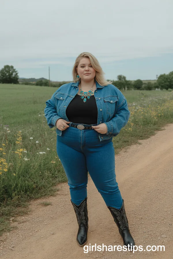Double-Denim Outfit with Embroidered Black Cowboy Boots