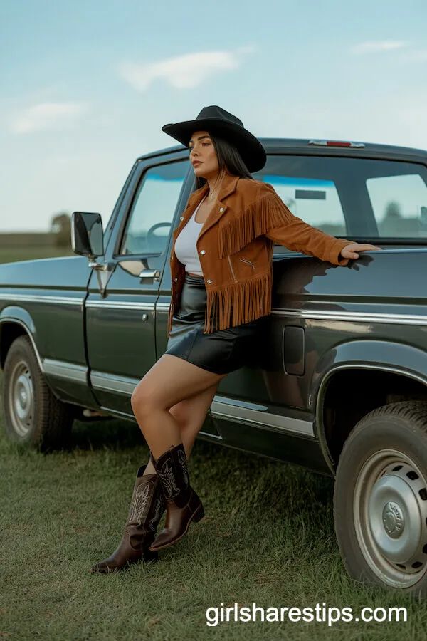 Suede Fringe Jacket Black Mini Skirt Tall Dark Brown Cowboy Boots