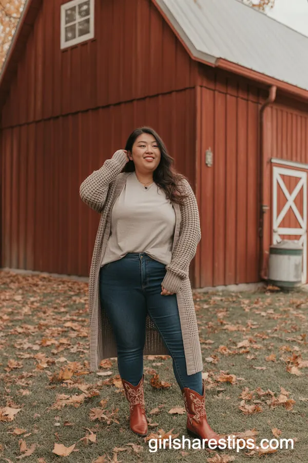 Chunky Knit Cardigan, Neutral T-Shirt, Skinny Jeans, Rust Cowboy Boots