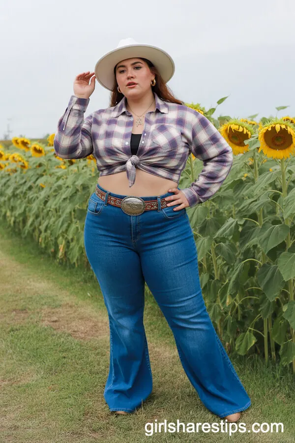 Classic Flared Jeans Plaid Shirt Cowgirl Outfit