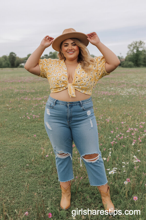 Daisy Print Top with Cropped Jeans and Ankle Cowboy Boots