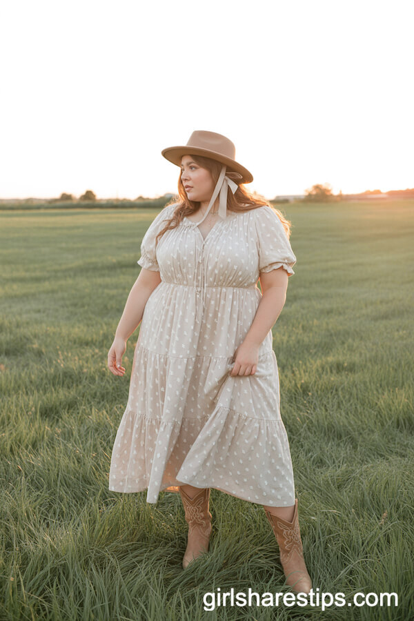 Prairie-Style Maxi Dress and Western Boots in Sunlit Fields