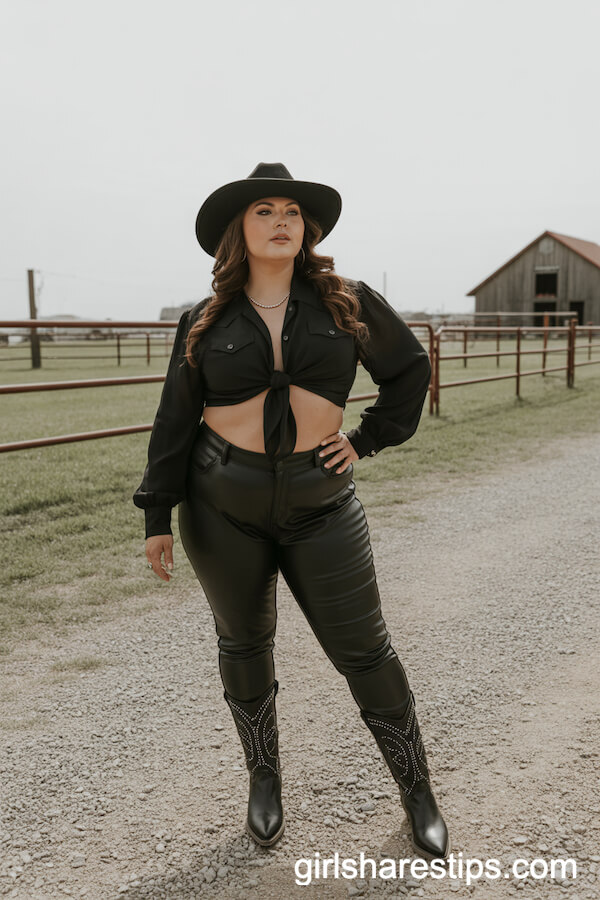 All-Black Western Look with Leather Pants and Felt Hat