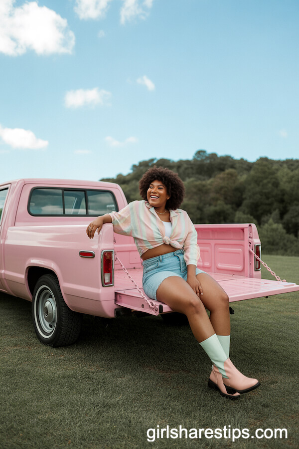 Pastel Cutoffs and Cropped Blouse for a Vintage Truck Tailgate Outfit