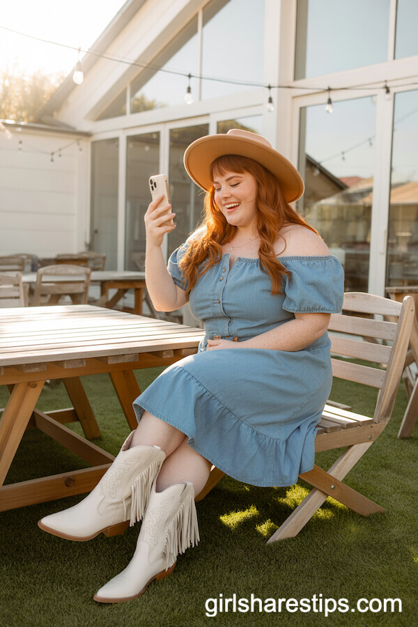 Off-Shoulder Chambray Dress with White Fringe Boots