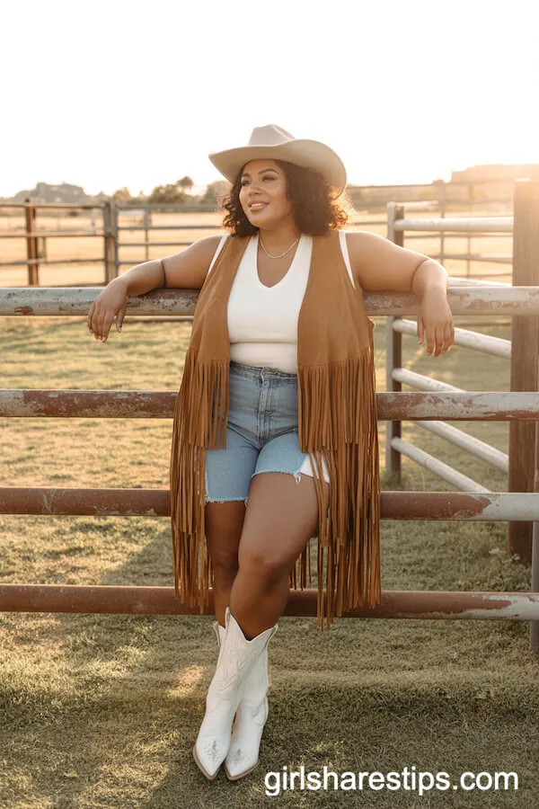 Suede Fringe Vest with High-Waisted Shorts for a Chic Ranch Look
