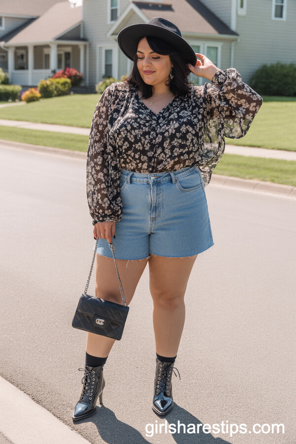 Floral Long-Sleeve Top and Denim Shorts with Lace-Up Boots