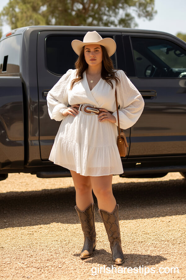 White Flowy Dress with Snakeskin Cowboy Boots for a Bold Western Look