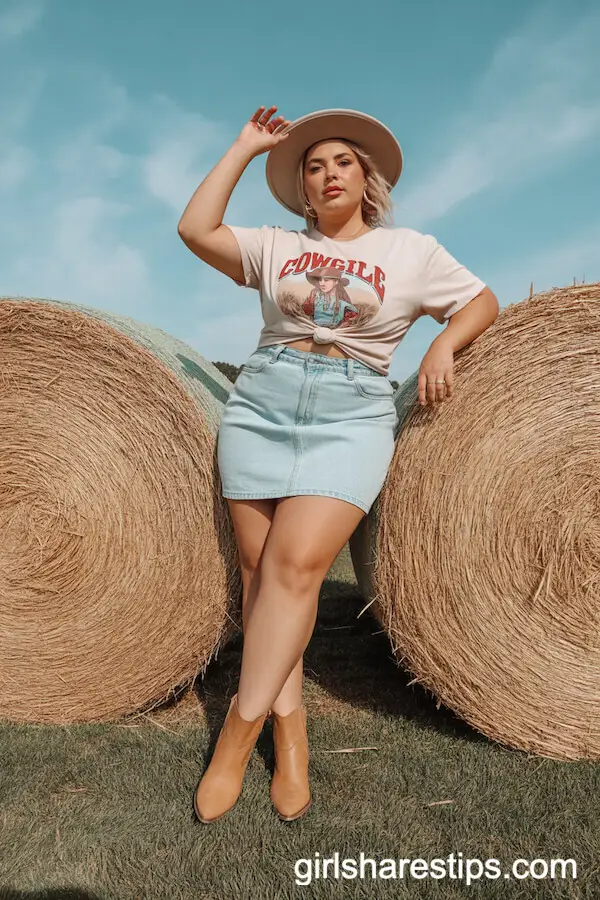 Denim Mini Skirt & Graphic Tee with Ankle Boots Ensemble