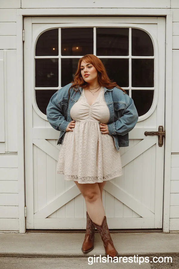 White Lace Dress Layered with Denim Jacket and Western Boots