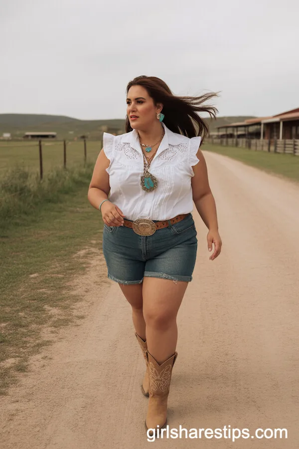 Ruffle Blouse and Denim Shorts with Bold Turquoise Accessories