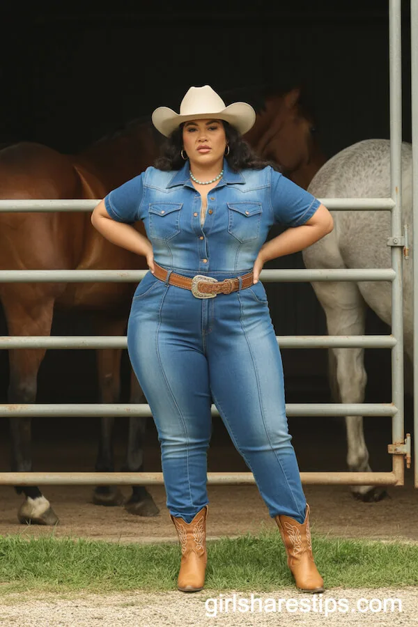 Tailored Denim Jumpsuit with Turquoise Jewelry and Western Accents