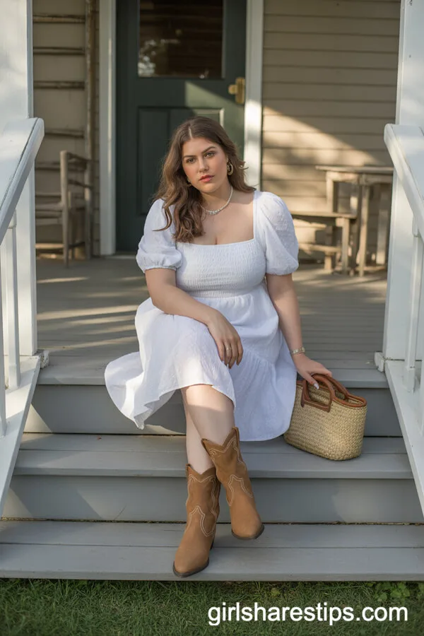 White Sundress and Suede Cowgirl Boots for Breezy Porch Relaxation