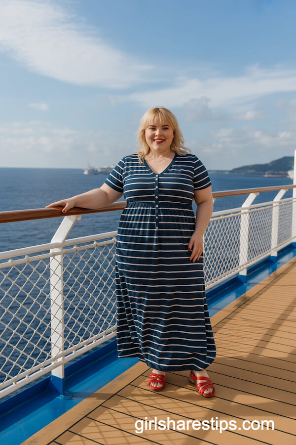 Navy and White Striped Maxi Dress with Red Sandals