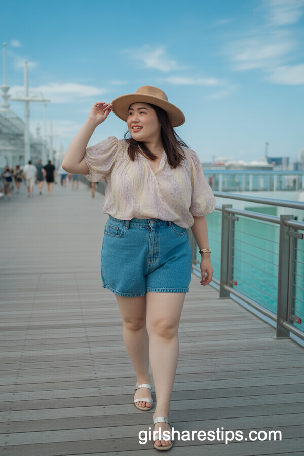 High-Waisted Denim Shorts with Pastel Blouse