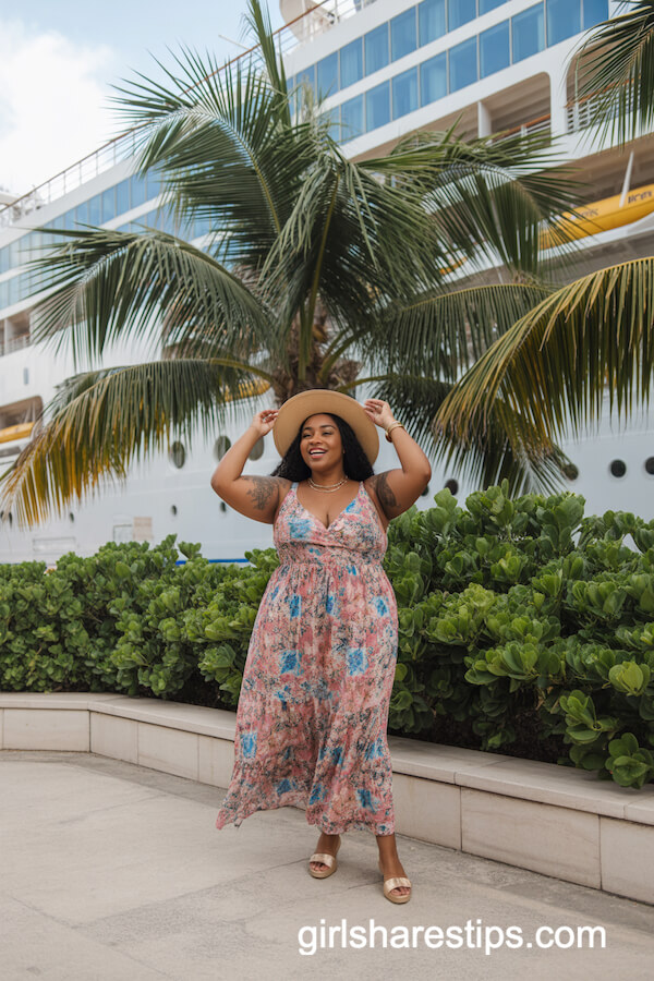 Colorful Floral Maxi Dress with Wide-Brim Straw Hat