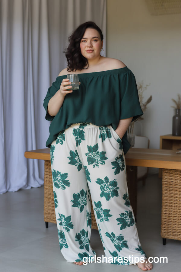 Off-Shoulder Dark Green Blouse with Floral Pants