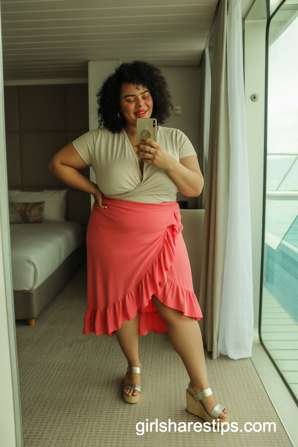 Bright Ruffled Wrap Skirt with Plain Tucked Top