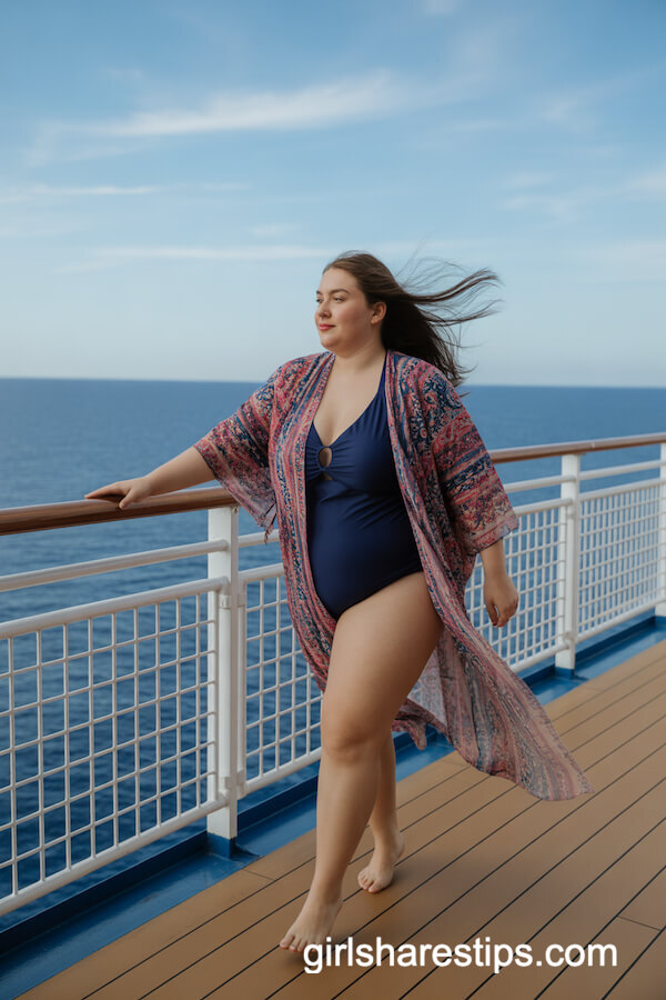 Brightly Patterned Kimono Cover-Up Over Swimsuit