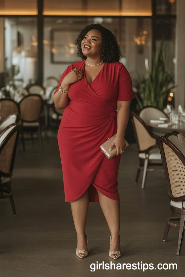 Elegant Red Wrap Dress with Heels and Gold Accessories