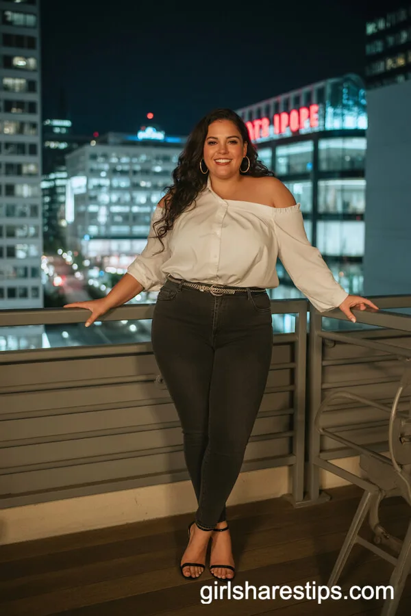 Off-Shoulder White Blouse with Skinny Jeans and Strappy Heels