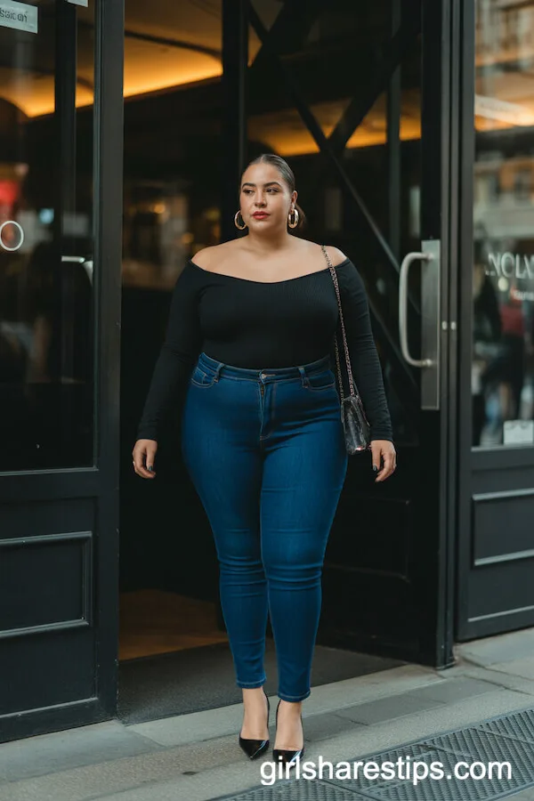 Black Off-Shoulder Top with High-Waisted Skinny Jeans