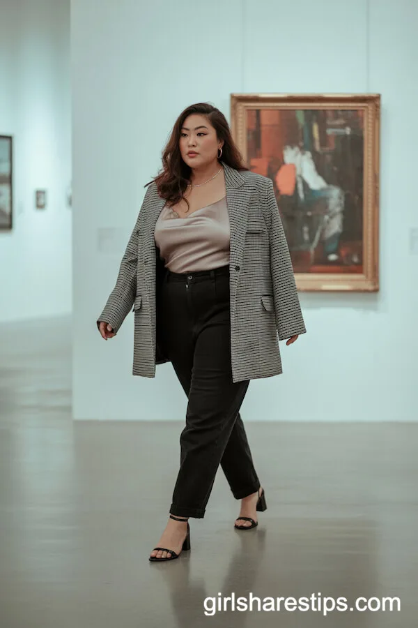 Fitted Trousers Silky Camisole Oversized Plaid Blazer