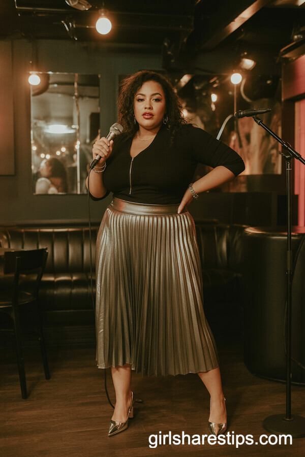 Pleated Metallic Midi Skirt with a Fitted Black Top