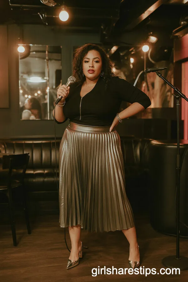 Pleated Metallic Midi Skirt with a Fitted Black Top