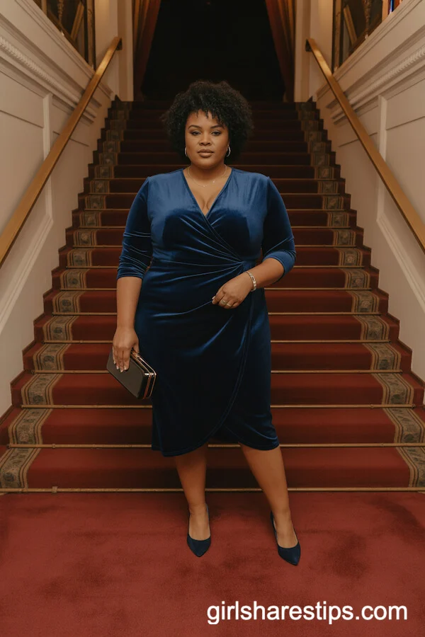 Deep Blue Velvet Wrap Dress Elegant Clutch